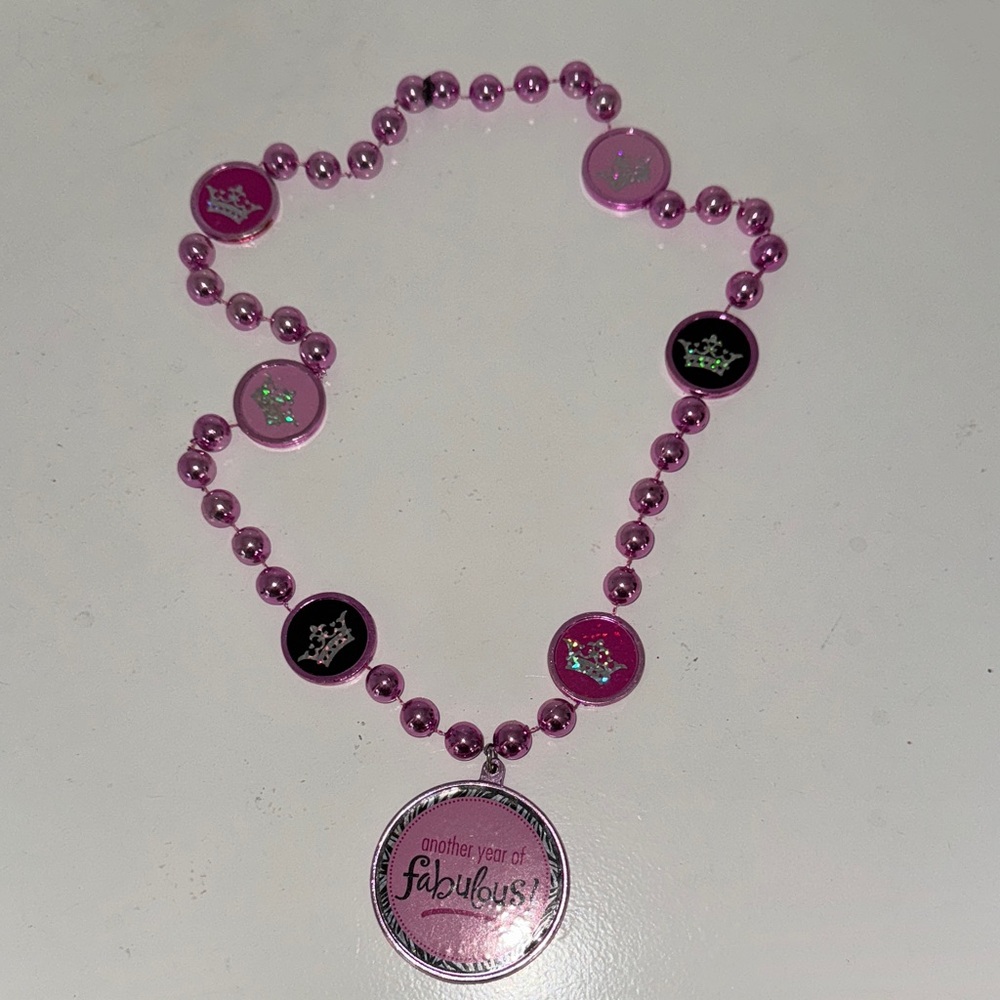 Another Year of Fabulous 28” Pink Beaded Birthday Necklace with Crown Accents